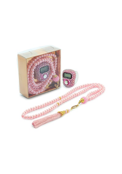 Hediyelik Taşlı Zikirmatik Ve 99 Lu İnci Tesbih Kutulu Set - Pembe