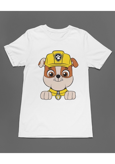 Bumeta İnşaat Kahramanı Rubble Paw Patrol Unisex Tişört T-shirt Beyaz