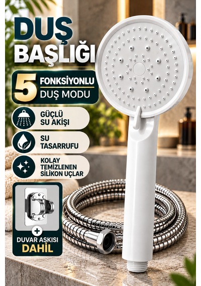 Duş Başlığı Duş Seti 5 Fonksiyonlu Yüksek Basınçlı Beyaz Çelik Örgülü Hortumlu Duvar Askılı Su Tasarruflu