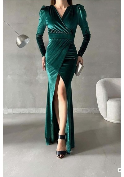 Lior Design Kadın El Emeği Kadife Kumaş Kruvaze Yaka Yırtmaçlı Maxi Abiye Elbise Zümrüt