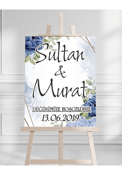 Söz Nişan Düğün İçin 50x70 Karşılama Panosu - Beyaz Çiçek Ve Yeşil Yaprak Tasarımlı