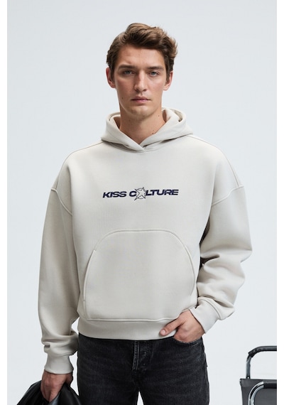 Grimelange TRUETT Erkek Kapüşonlu Kanguru Cepli Önü Ve Sırtı Baskılı Oversize Gri Sweatshirt