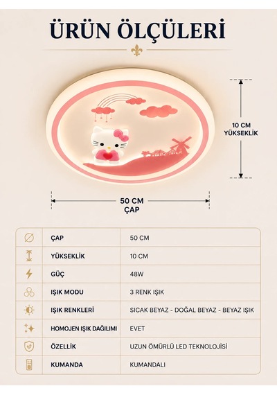Kumandalı 3 Renk Hello Kitty Desen Ledli Plafonyer Tavan Avizesi 50 Cm 48w Kız Çocuk Odası Modelleri Beyaz