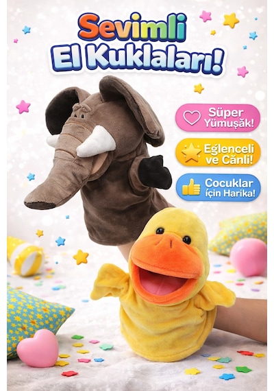 2 Li Fil Ve Ördek Peluş El Kuklası Seti Ağzı Hareket Eden Eğitici Kuklalar Çok Renkli