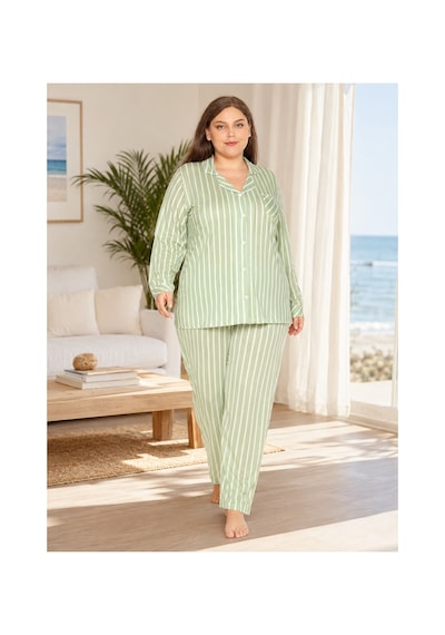Alperi Büyük Beden Kadın Boydan Düğmeli Çizgili Mevsimlik Pijama Takım B790-45 YESIL