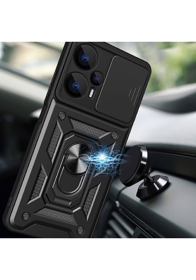 Poco F5 Kılıf Magnetik Standlı Kamera Korumalı Hptk Sürgülü Vega Kapak - Siyah Siyah
