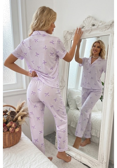 Bella Notte Lila Soft Fiyonk Desenli Yazlık Pijama Takımı Mor
