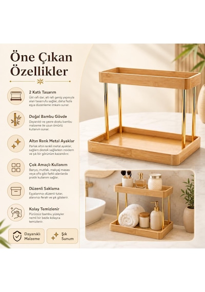 Poomy 2 Katlı Bambu Organizer Standı, Altın Renk Tezgâh Üstü Düzenleyici Raf