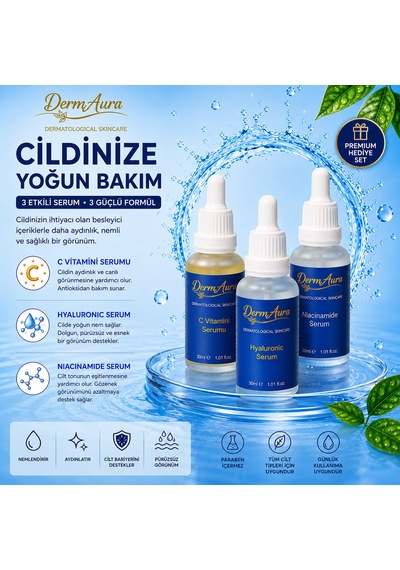 Dermaura 3 Lü Serum Bakım Seti C Vitamini + Hyaluronic + Niacinamide Serum
