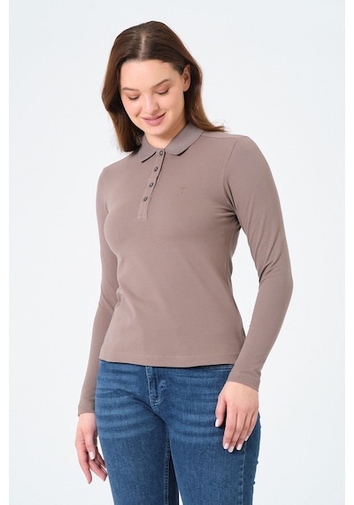 Msw Kadın Uzun Kollu Regular Fit Polo Yaka T-shirt Vizon