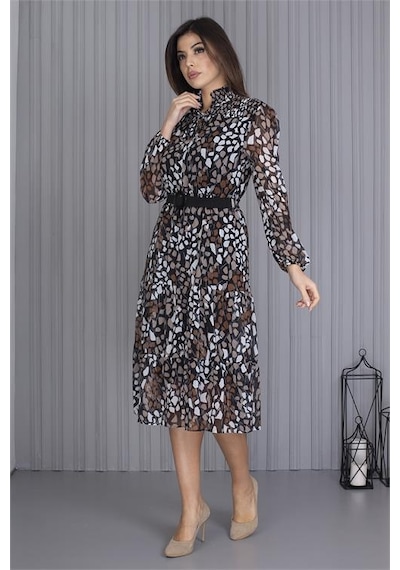 Neşeli Butik Kadın Kemerli Yeni Sezon Midi Boy Desenli Şifon Elbise Apcx04 Çok Renkli Neşeli Butik Kadın Kemerli Yeni Sezon Midi Boy Desenli Şifon Elbise Apcx04 Çok Renkli