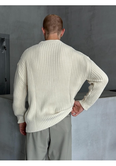 Erkek Fitilli Örme Oversize Kazak Krem