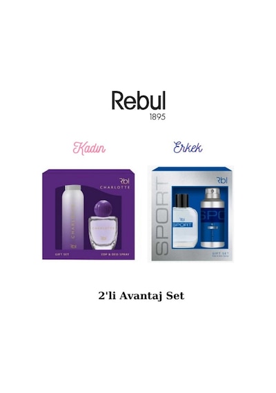 Rebul Charlotte Kadın Parfüm EDP 50 ML + Charlotte Kadın Sprey Deodorant 150 ML + Sport Erkek Parfüm EDT 50 ML + Sport Erkek Sprey Deodorant 150 ML