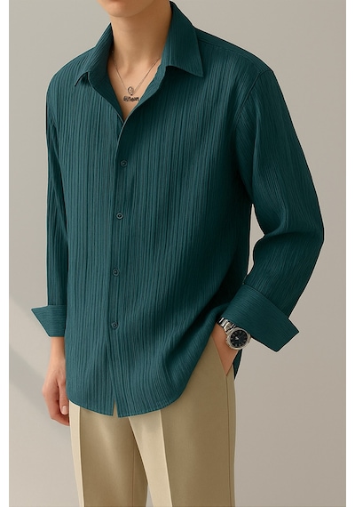 Tarz Cool Erkek Bürümcük Slim Fit Gömlek Yaka Uzun Kollu Gömlek Petrol