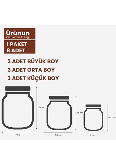 Bakır Metal Kapaklı Kavanoz Görünümlü Saklama Poşeti 9 Adet 3 Büyük, 3 Orta, 3 Küçük