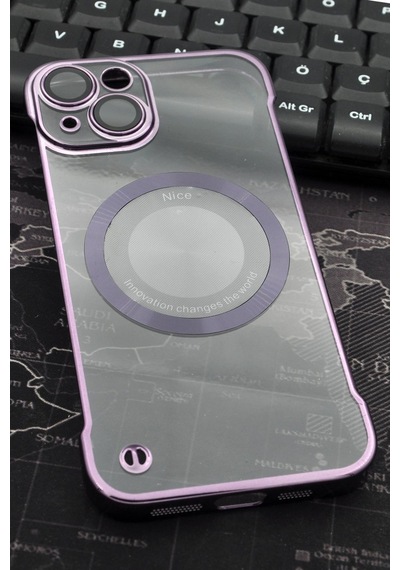 Apple Uyumlu iPhone 13 Uyumlu Mor Renkli İnce Kenarlı Şeffaf Sert Kapak Kılıf Mor -