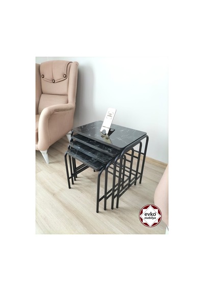 Evko Mobilya Buket Sehpa, 4'lü Zigon Sehpa, Servis Sehpası, Iç Içe Geçen Sehpa, Ahşap Sehpa, Dikdörtgen Sehpa Siyah Mermer