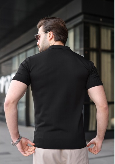 Madmext Siyah Slim Fit Polo Yaka Triko Erkek Tişört E7472 Siyah