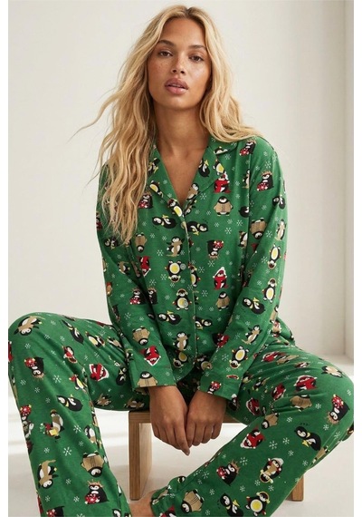 Siyah İnci Örme Düğmeli Pijama Takımı 7602 Yeşil Penguen