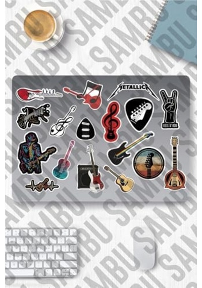 Gitar Temalı Sticker Etiket Seti - Guitar Sticker - Laptop Notebook Telefon Abanoz