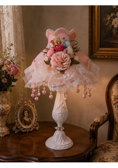 Pudra Pembe Kadife Çiçek Süslemeli Başlık Beyaz Metal Ayaklı Klasik Prenses Model Abajur 50x30cm