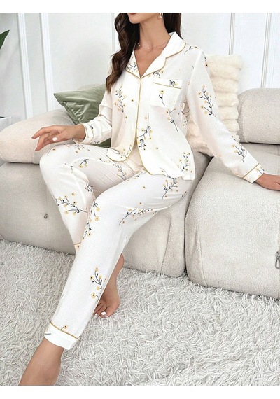 Bella Notte Çiçek Baskılı Cep Detaylı Düğmeli Günlük Uzun Pijama Takımı Sarı