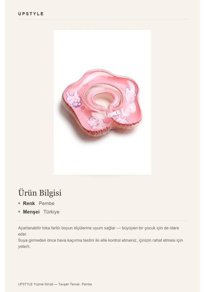 Oglo Tavşan Desenli Çocuk Yüzme Simidi Emniyet Kilitli Kolçaklı Simit