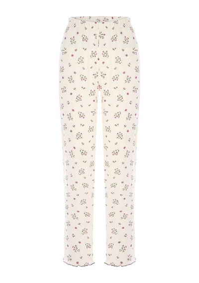 Kadın Pamuklu Çıtır Çiçek Desenli Baby Overloklu Fiyonk Detaylı Uzun Kollu Pijama Takımı Ko70142 Beyaz - Mor