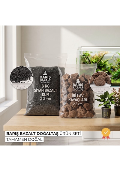Bitkili Akvaryum Başlangıç Zemin Kum Seti Toplam 10 Kg - 6 Kg Siyah Bazalt Zemin Kumu + 4 Kg Volkanik Taş Kırığı - Bitki Dahil Değildir