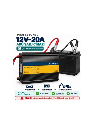 12 Volt 20ah Akü Şarj Cihazı Otomobil, Jenaratör Ve İş Makinelerinde Kullanılan Asitli, Sulu, Jel, 24 İle 200 Amper Arası Aküler İçin Uygun Uyarı: Lithium-ıon Pil Ve Akülere Uygun Değildir