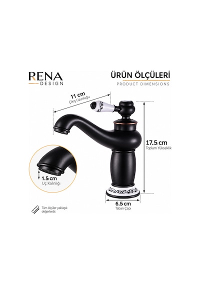 Rena Design Rustik Siyah Lavabo Bataryası Banyo Musluğu Eskitme Porselen Işleme Armatür Otantik Retro