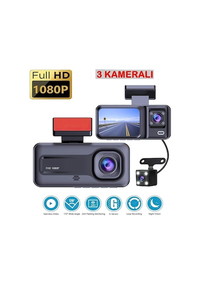 Araç Içi Kamera 3 Kameralı 1080p / Lcd Ekranlı/gece Görüşlü/geri Görüş Kamera/hareket Algılama