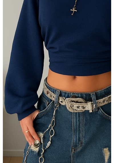 Kadın Bisiklet Yaka Belden Oturtmalı Tasarım Sweatshirt Lacivert