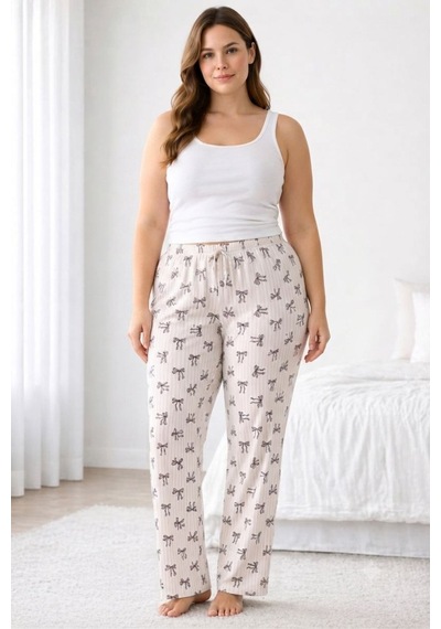 Viskon Pamuklu Kadın Büyük Beden Pudra Desenli Pijama Pantolon - Mgb009 - Mudanis