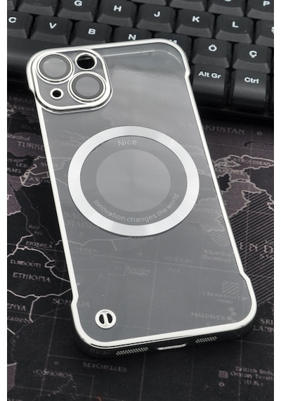 Apple Uyumlu iPhone 13 Uyumlu Gümüş Gri Silver Renkli İnce Kenarlı Şeffaf Sert Kapak Kılıf Gri -