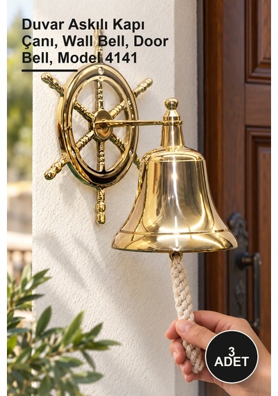 3 Adet Dümenli Pirinç Duvara Asmalı Çan Duvar Askılı Kapı Çanı, Wall Bell, Door Bell, Model 4141