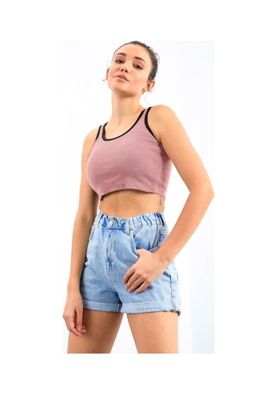 Tommy Life Pudra Basic Sıfır Kol Dar Kalıp U Yaka Kadın Crop Top Atlet - 97162 Pudra