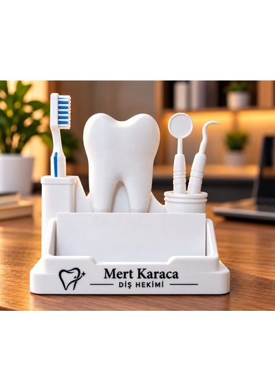 Kişiye Özel Diş Hekimi Kartvizitlik 3d Baskı Diş Figürlü Masaüstü Kartvizit Standı Beyaz