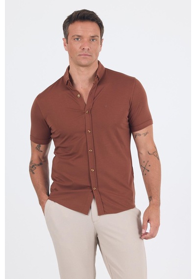 İmza Kiremit İtalyan Düğmeli Yaka Kısa Kol Cepsiz Slim Fit Gömlek 1004250255 Kiremit