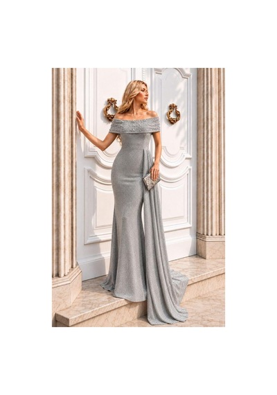 Lior Design Kadın Şık Model Degaje Yaka Dekolteli Maxi Uzun Kollu Abiye Elbise Gri