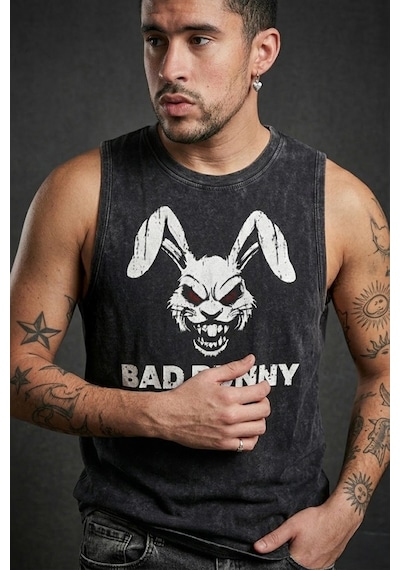Technomonkey Siyah Erkek Pamuklu Antrenman Sporcu Atleti Oversize Yıkamalı Bad Bunny Baskılı Kolsuz T-shirt