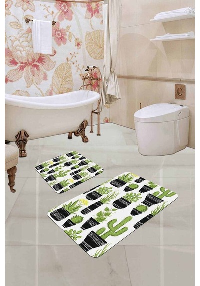 Yeşil Kaktüslü Desen Banyo Halısı Klozet Paspas Seti Bs244n11