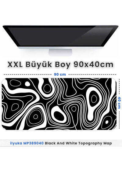 İlyuka Mousepad 90x40cm Büyük Boy Xxl Black And White Top. Map