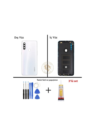 Oppo A31 Beyaz  Arka Kapak + Yapıştırıcı Ve Vida Seti Arka Cam Batarya Pil Kapağı Lazer Kesim Çok Renkli