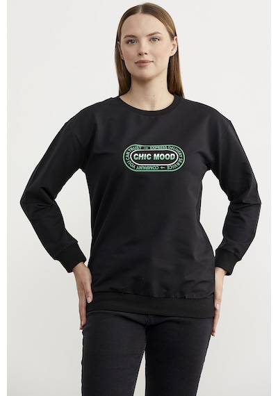 Baskılı Oversize Basic Sweatshirt - Siyah Ekru