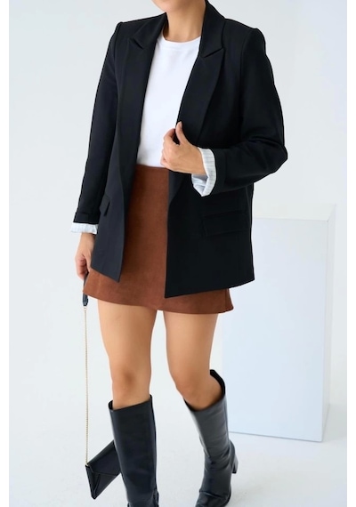 Defymoda Astarı Çizgili Ceket - Siyah Siyah