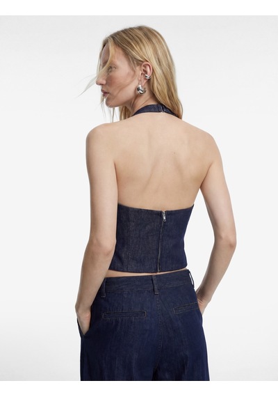Koton Kolsuz Pamuklu Denim Halter Yaka Bluz Koyu İndigo 6sal30011md Dark Indigo