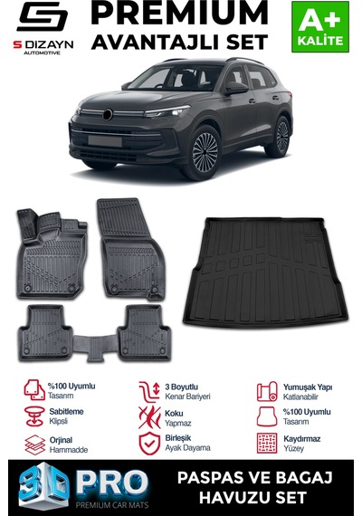 S-dizayn Vw Tiguan 3d Pro Havuzlu Paspas Ve Bagaj Havuzu Seti 2'li Set 2024 Üzeri A+ Kalite