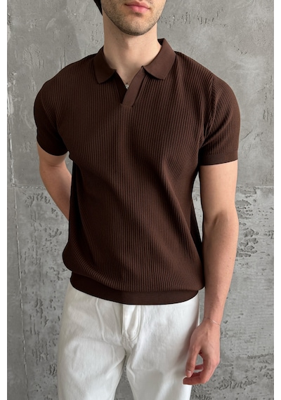 Erkek Petek Desen Polo Yaka Triko T-shirt Kahverengi