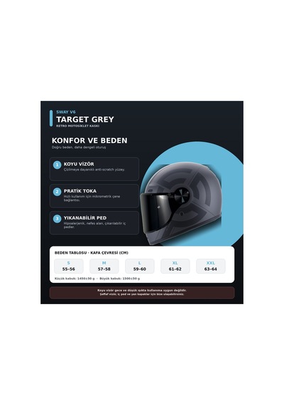 Sway V6 Full Face Retro Kask Siyah Vizör Target Grey M Gri
